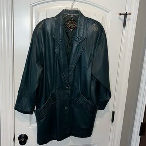 Vintage dark green leather oversized jacket coat Charles Klein XL/XXL